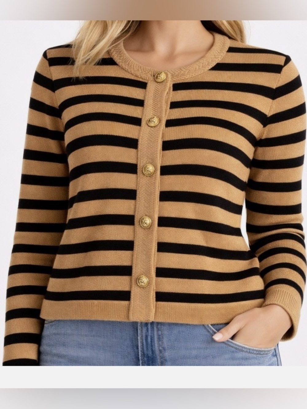 J. Crew Striped Cotton Cardigan Lady Jacket in Tan & Black Cropped Women's Sz. S